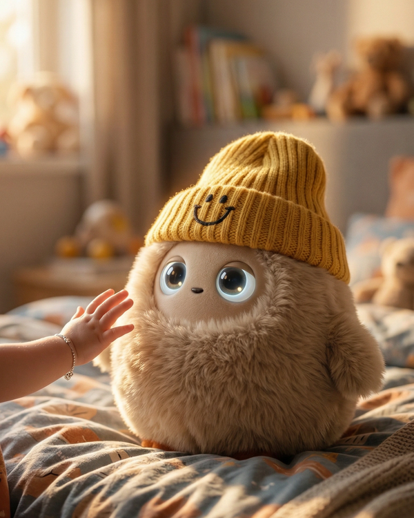 Plush toy with a yellow beanie and smiley face on a bed in a cozy room.